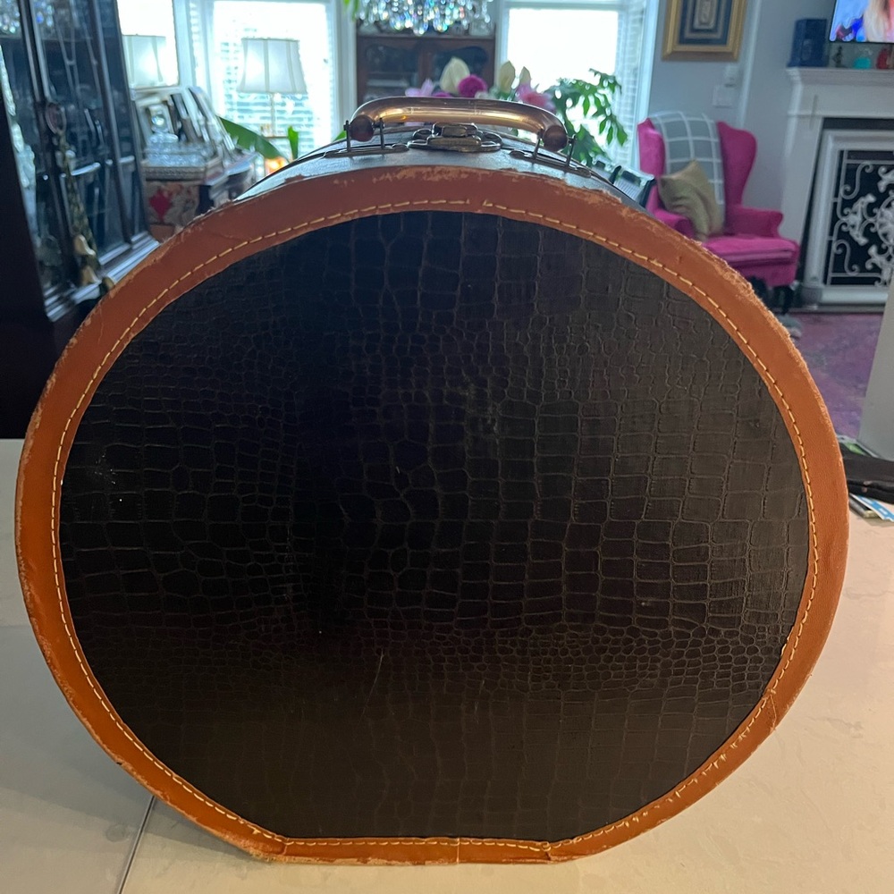 Round Black Croc-Embossed Hat Box with Brown Trim